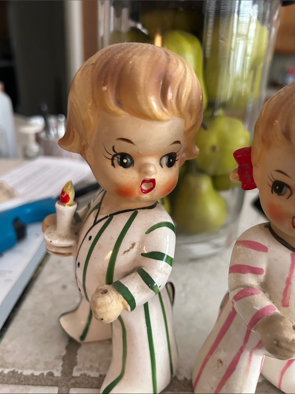 Vintage Bisque Candle-Holding Figurines in Green and Pink - Picture 3 of 5